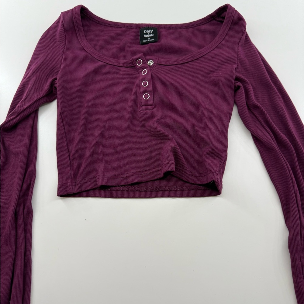 DKNY Purple Long Sleeve Buttoned Crop Blouse